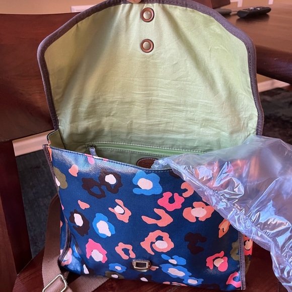 Fossil Navy Blue Floral Print Coated Canvas Crossbody Laptop Tote Bag - Picture 12 of 16